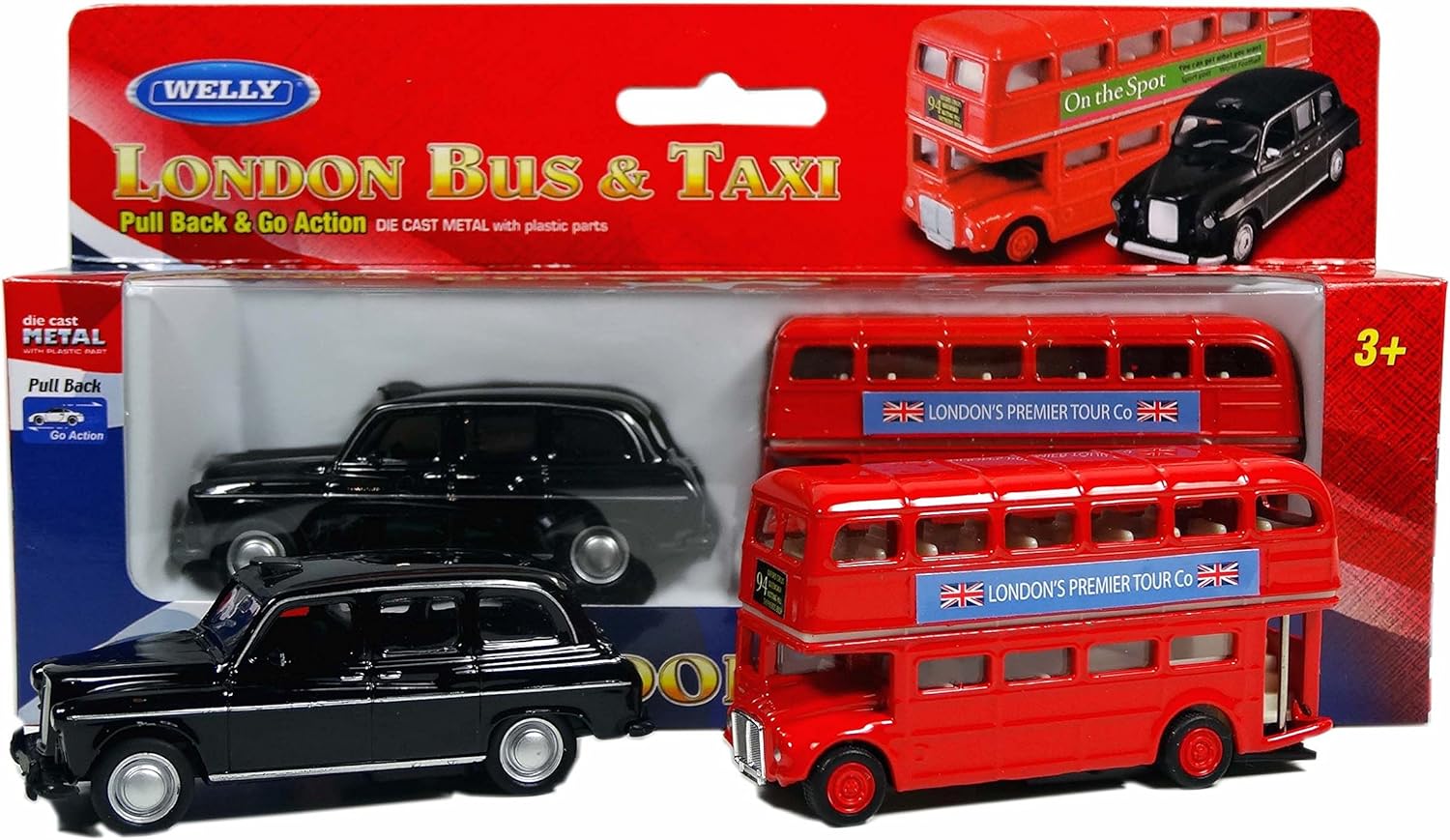 London Double Decker Red Bus and Black Taxi Mini Models (Pull Back & Go Action) Made of Die Cast Metal and Plastic Parts