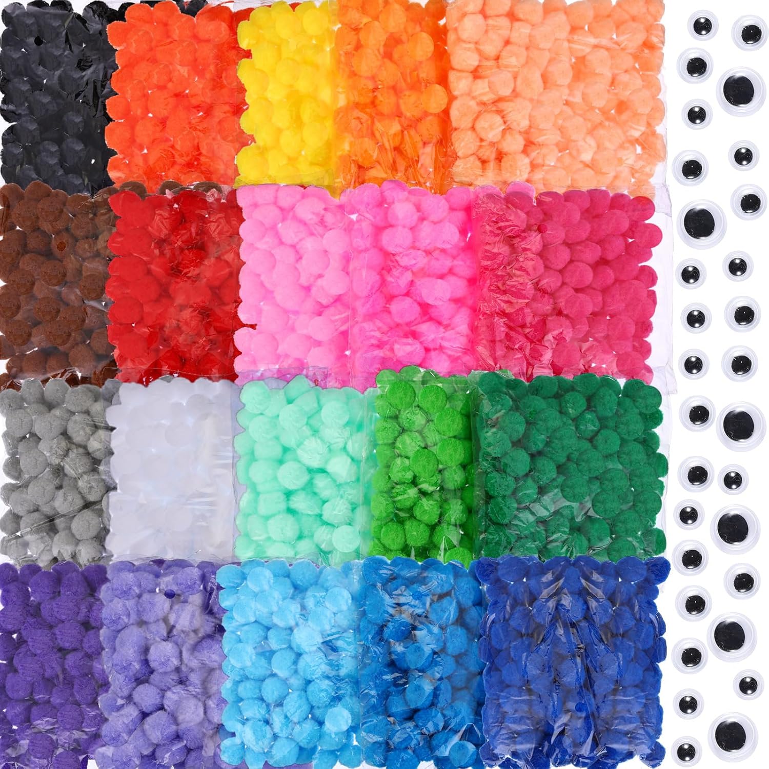 Poen 2000 Pcs Pom Poms with Wiggle Eyes 1 Inch Colorful Pompoms Fuzzy Balls for DIY Creative Crafts Decorations Project