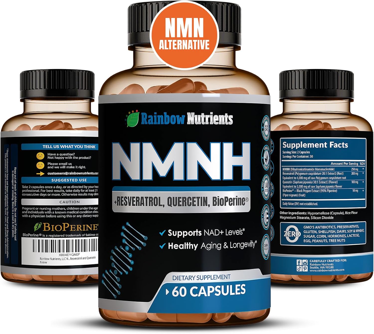 7,260mg NMNH Supplement (NMN Alternative) NAD Booster for Anti-Aging, Cellular Energy & Nice Skin- Dihydronicotinamide mononucleotide, Resveratrol, Quercetin & BioPerine® for Max Absorption- 60 caps