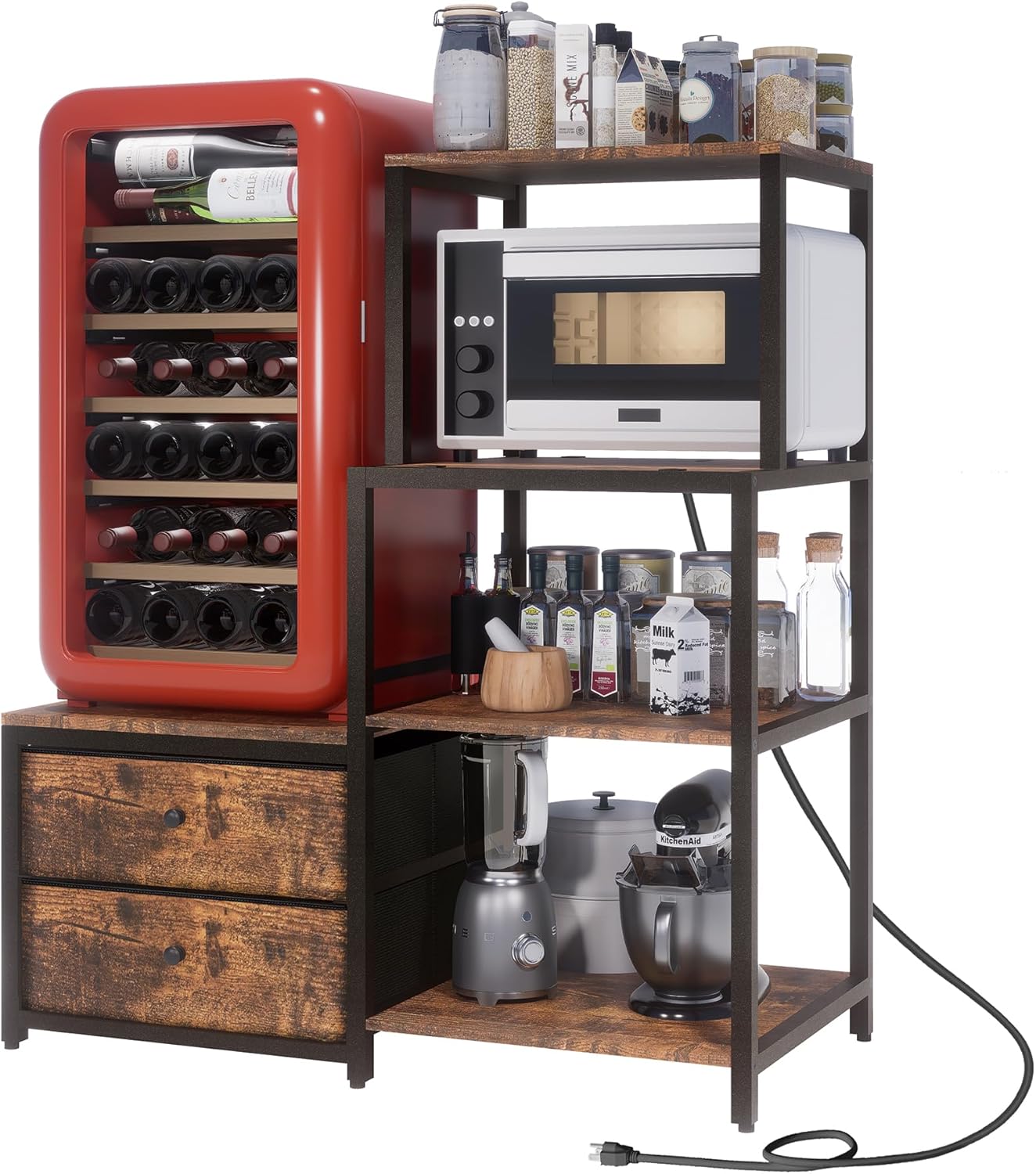 Mini Fridge Stand with Storage, Microwave and Mini Fridge Stand with Power Outlet, Coffee Bar, Kitchen Baker, for Dorm, Office(Brown)