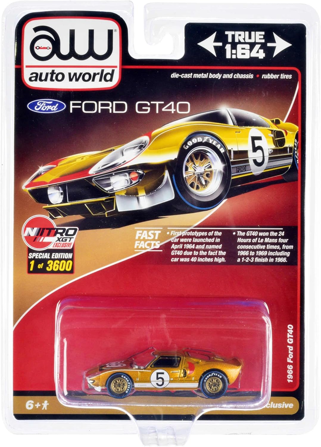 1966 Ford GT40 RHD (Right Hand Drive) #5 Gold with Graphics Limited Edition to 3600 Pieces Worldwide 1/64 Diecast Model Car by Auto World