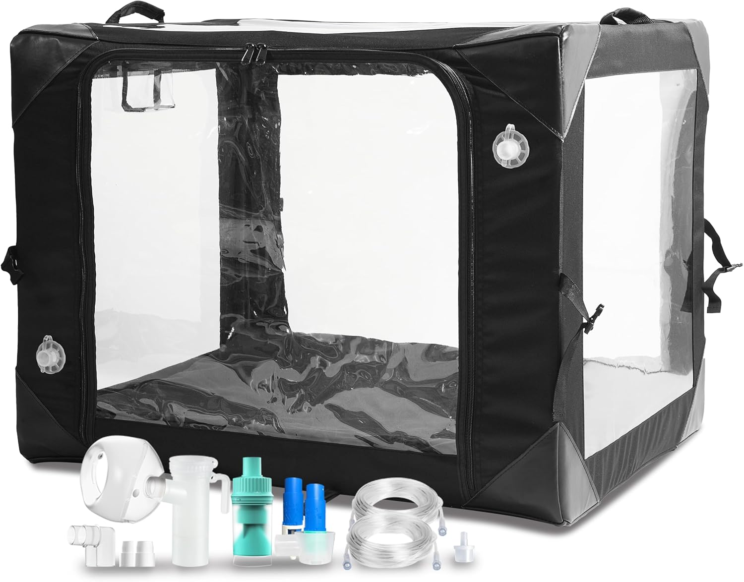 ICU nebulizer therapy cage, pet oxygen therapy cage, puppy incubator, including comfort pad, oxygen tube, nebulizer tube, nebulizer mask, and various sizes of Venturi kits and adapters. (Medium)