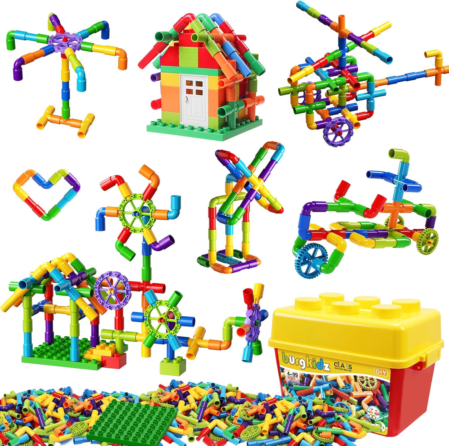 burgkidz STEM Learning Pipe Tube Construction Building Blocks, Sensory Toys with Wheels Baseplate for All Ages Kids Boys Girls, 188 Pcs