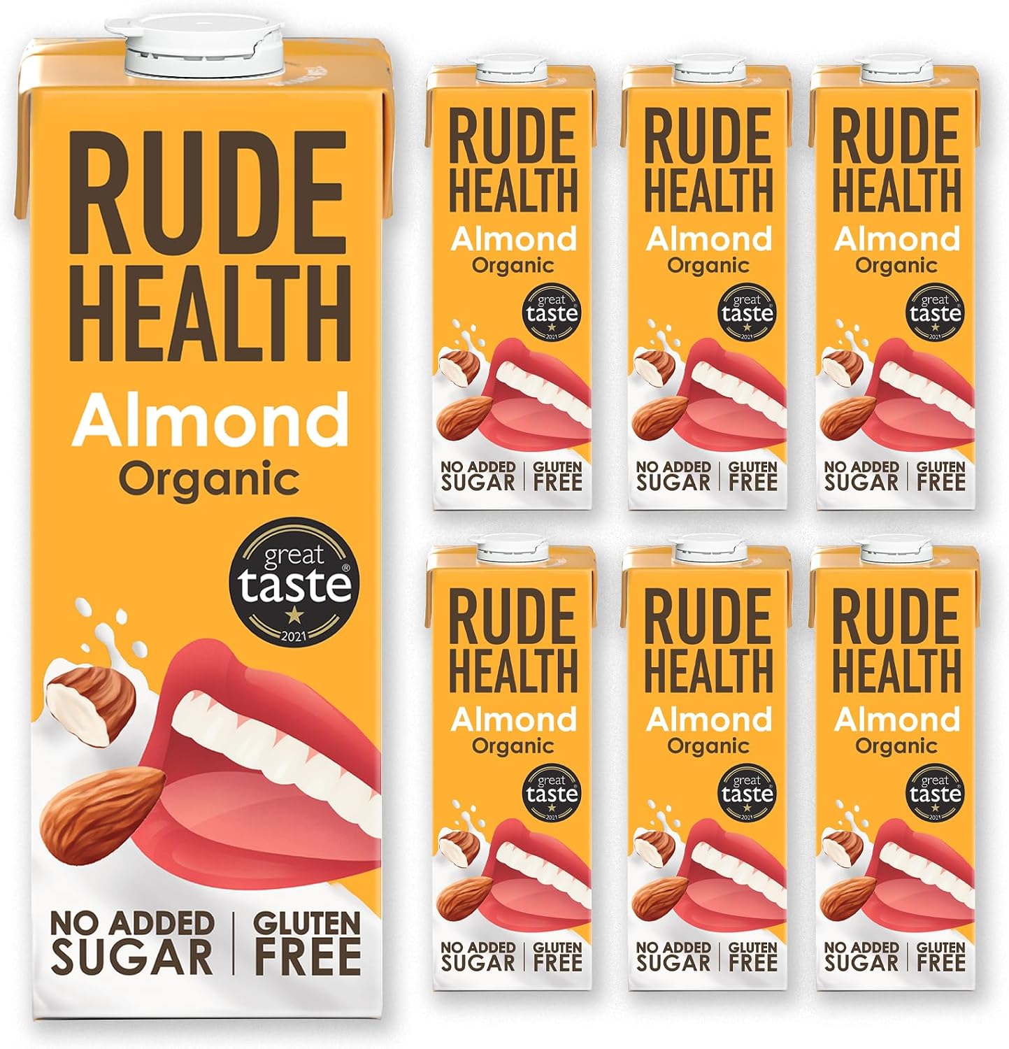 Rude Health 6 x 1 Litre Organic Almond Dairy-Alt Milk, 100% Natural Organic Drink, Lactose Free, Dairy Free & Gluten-Free, No Added Sugar, Award-Winning, Healthy & Vegan, 100% Recyclable Packaging
