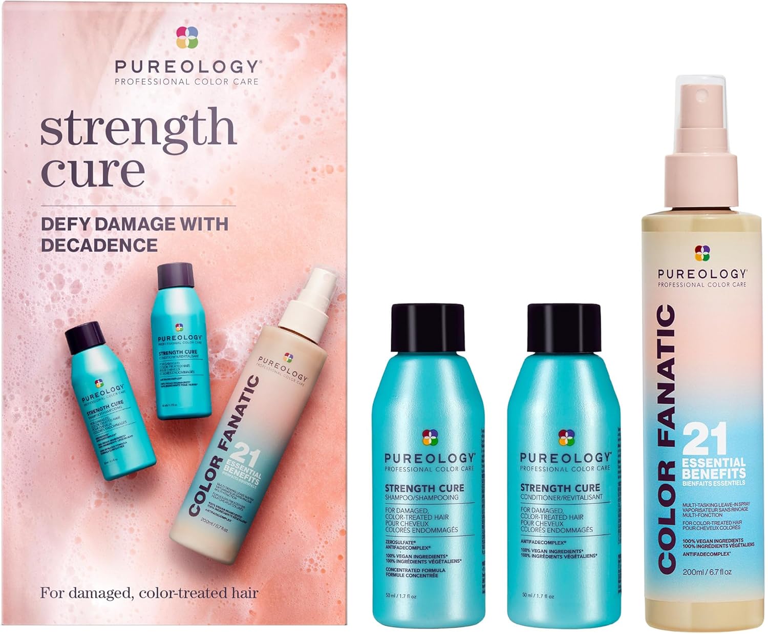 Pureology Strength Cure Discovery Set for Damaged Hair, Shampoo and Conditioner 50ml with Color Fanatic Spray 200ml