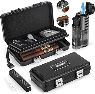Cigar Humidor, Portable Travel Cigar Box, Double Cigar Humidor with Separate Storage for Cigar Accessories, Cigar Travel Case with Cigar Lighter(No Butane), Holds 5 Cigars (Black)