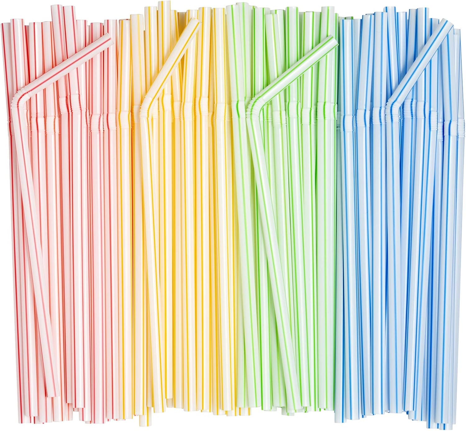 [200 Pack] Flexible Disposable Plastic Drinking Straws - 7.75" High - Assorted Colors Striped