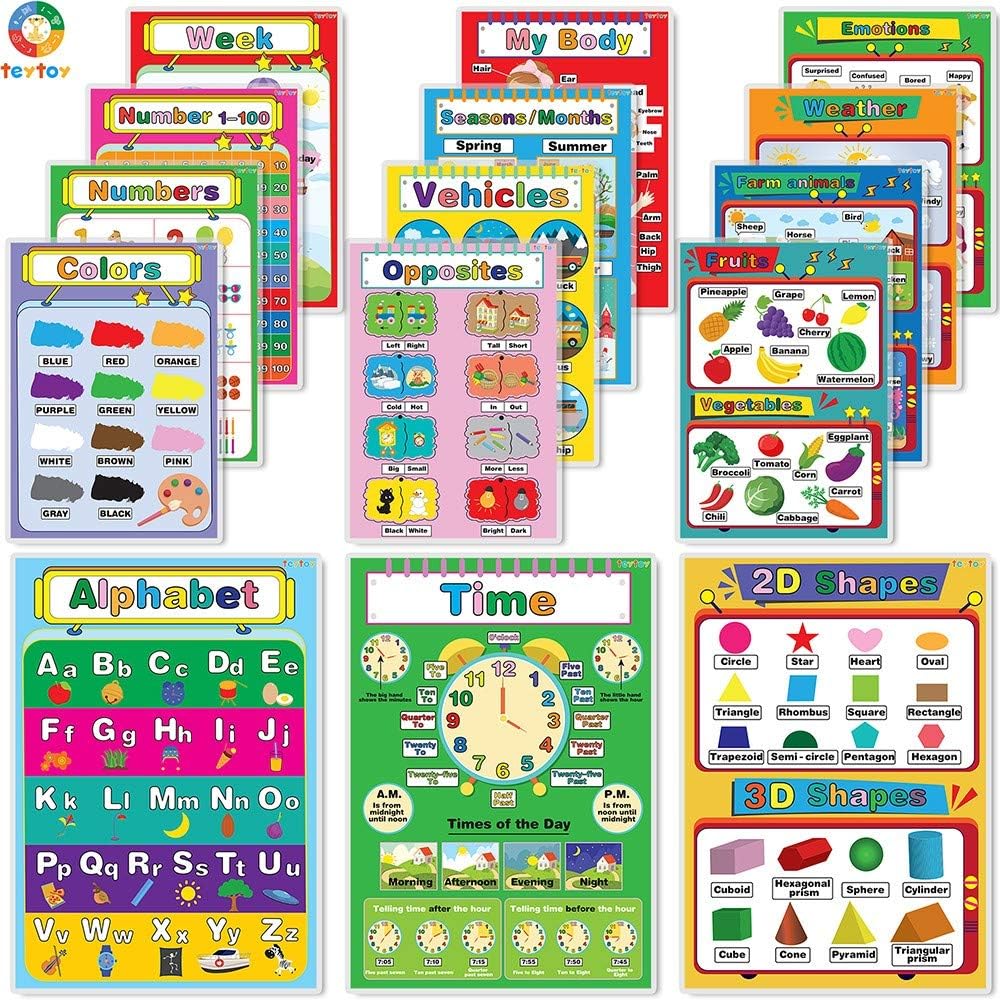 teytoy Educational Posters for Toddlers, 15 Pieces Preschool Alphabet Poster Laminated, Pre-K, Kindergarten, Daycares and Home School Teachers Learning Resource Teach Numbers Alphabet Colors