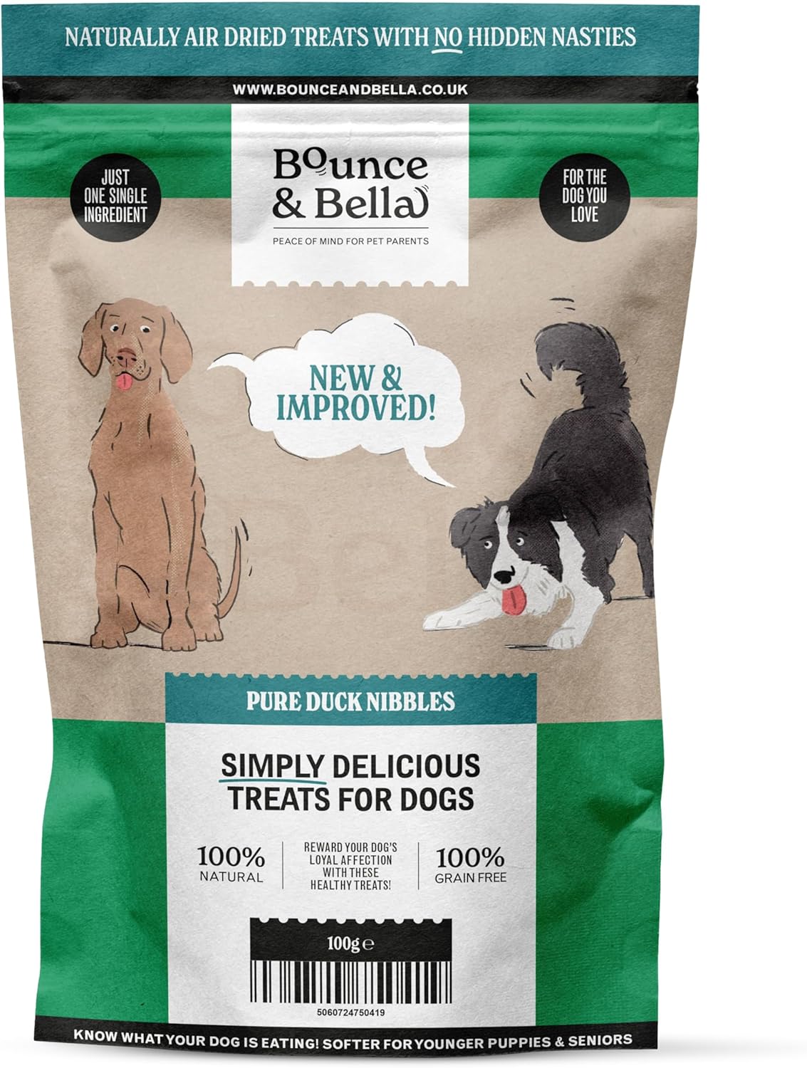 Bounce and Bella Pure Duck Nibbles - Single Ingredient, Natural Grain-Free Dog Treats, No Nasties, Perfect for Puppies and Dogs of All Ages, 100g