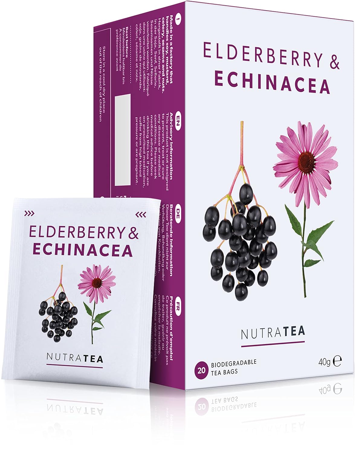 Nutra Tea - Elderberry & Echinacea Tea | Elderberry Tea - Immunity Teas | Immune Teabags - 20 Individually Wrapped Bags - Herbal Teas - (1 Pack)