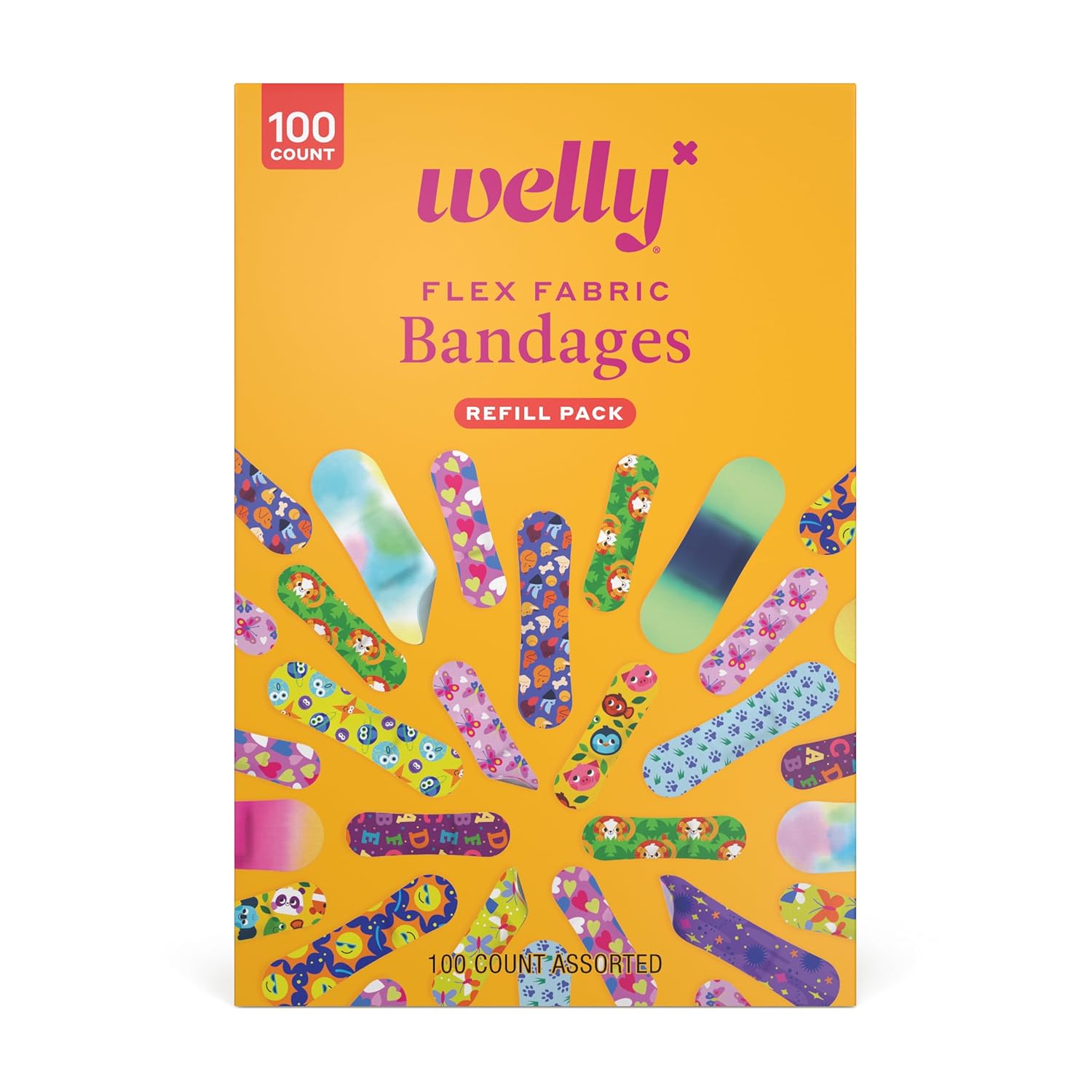 Welly Bravery Badge Value Pack | Adhesive Flexible Fabric Bandages | Assorted Shapes and Patterns for Minor Cuts, Scrapes, and Wounds - 100 Count