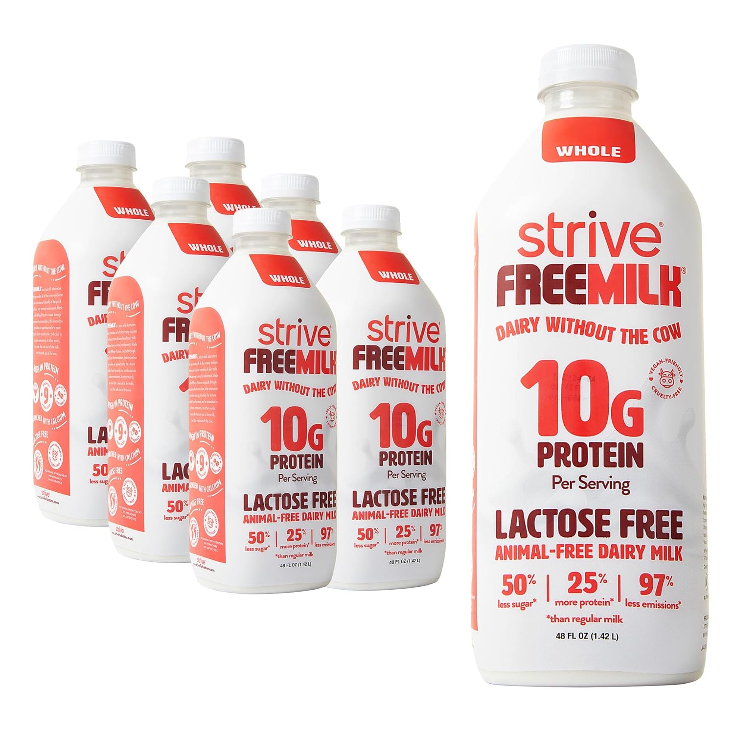 Strive FREEMILK, Animal-Free Dairy Milk, 48 oz Carton (Pack of 6), Lactose Free, 10g Protein per Serving, Alt Milk, Shelf Stable, Precision Fermentation, Vegan-Friendly