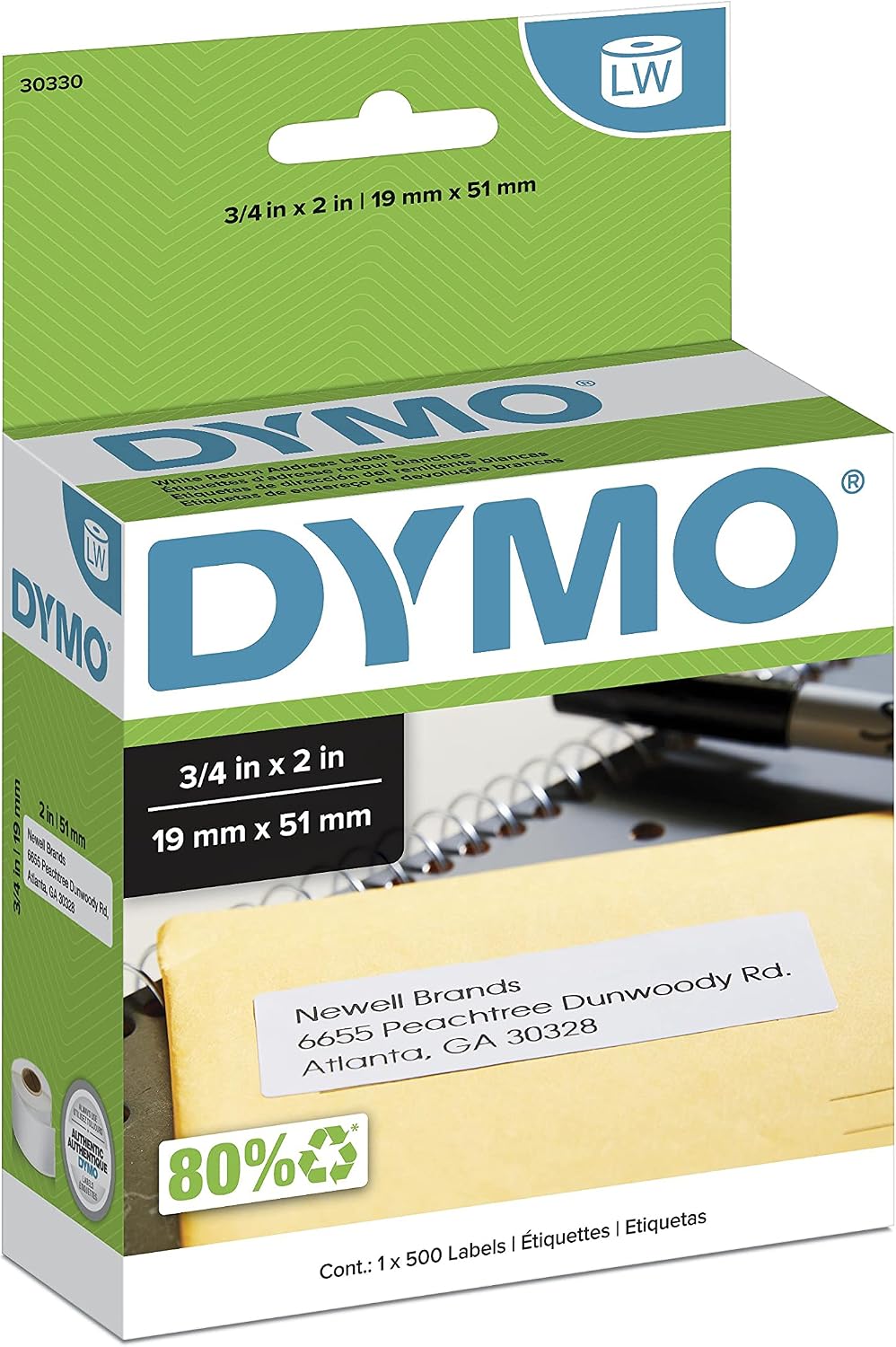 DYMO Authentic LW Return Address Labels DYMO Labels for LabelWriter Label Printers White 3/4" x 2" 1 Roll of 500