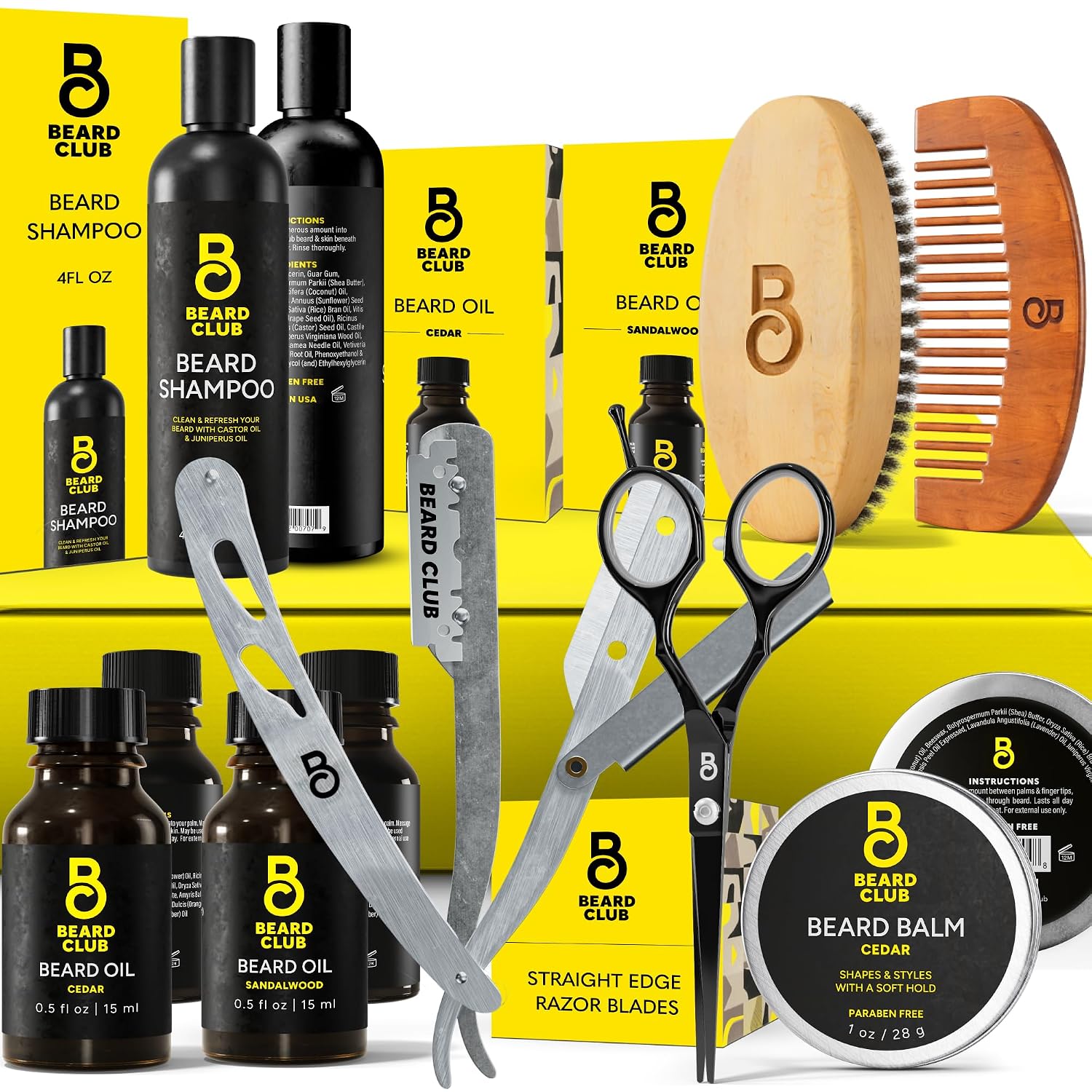 The Beard Club Beard Kit for Men - Grooming & Care Kit - Cedar & Sandalwood Oil, Cedar Balm, Shampoo, Brush, Comb, Trimming Scissors, Straight Edge Razor - Gift Set