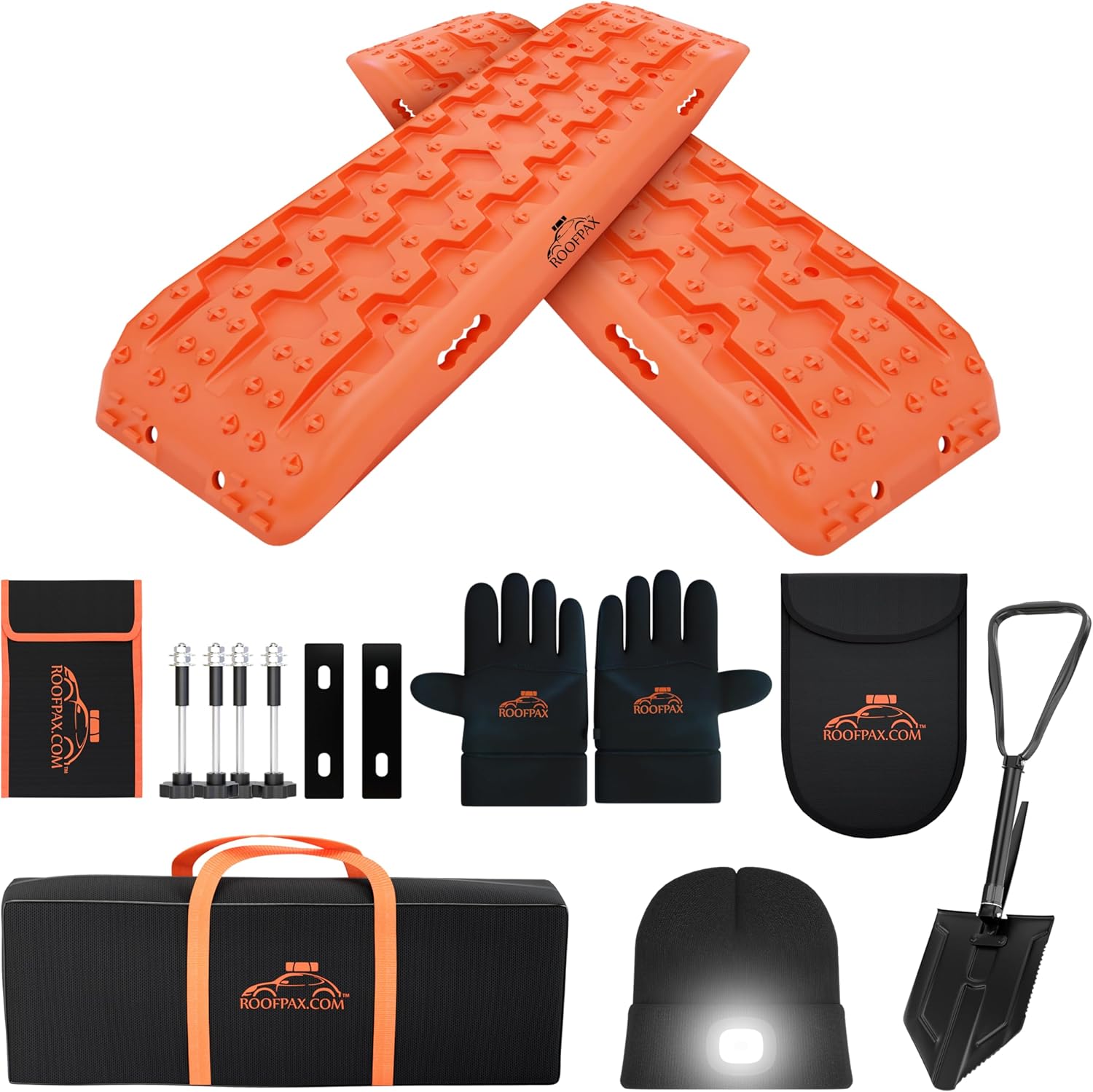RoofPax Premium Traction Boards Offroad & Overlanding Gear with Complete Recovery Board Mount Kit Folding Survival Shovel with Pick, LED Beanie, and Gloves