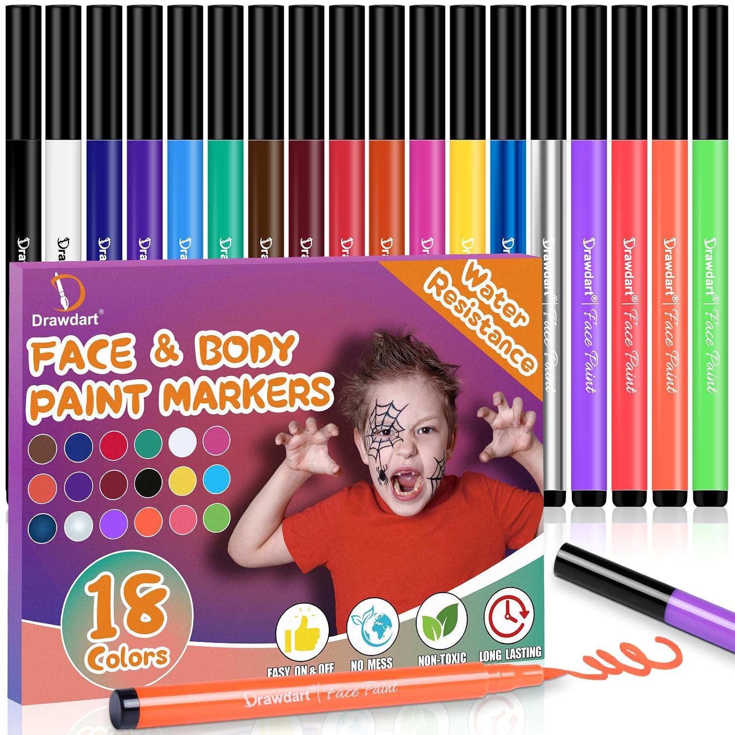 18 Colors Face Painting Markers, Water Resistance Sweatproof Halloween Face Body Paint Markers, Waterproof Tattoo Pen, Anti Smudge Face Paint Markers for Halloween Party Kids Adults