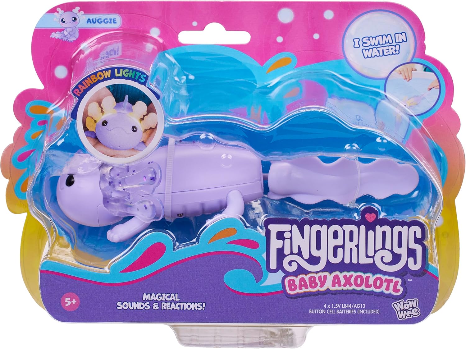 Fingerlings Interactive Baby Axolotl, Auggie (Purple), Swims & Lights Up