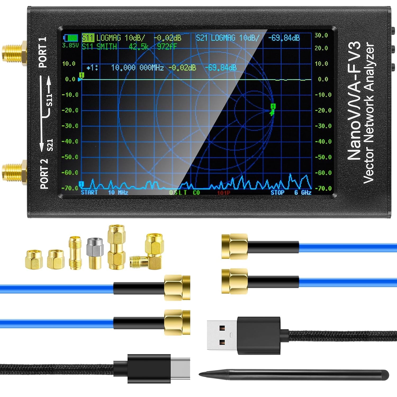 AURSINC Upgraded NanoVNA-F V3 Vector Network Analyzer 4.3 1MHz–6GHz Antenna Analyzer Ham Radio Measuring S-Parameters Voltage Standing Wave Ratio SWR,Delay, Phase, Smith Chart Support RTC Real time