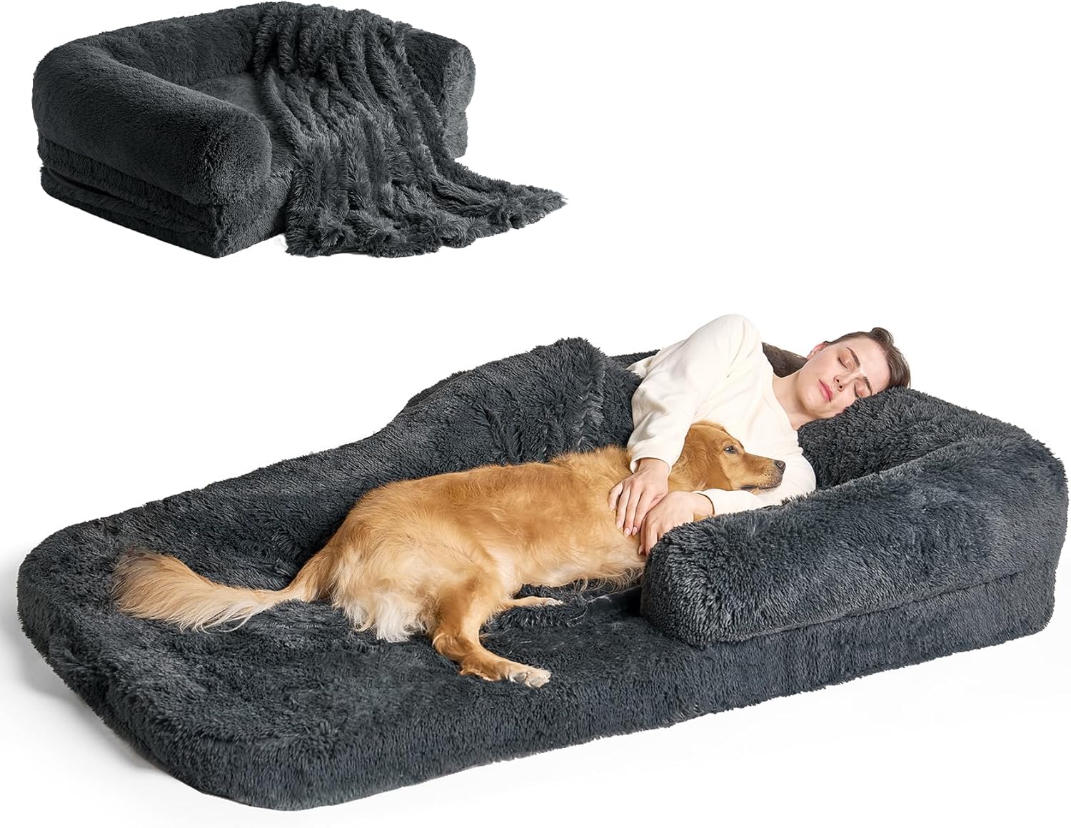 EHEYCIGA Foldable Human Dog Bed, 72"x44"x11" Orthopedic Memory Foam Human Sized Dog Bed, Waterproof Pet Bed for People, Faux Fur Pet Couch for Adult with Non-Slip Bottom, Dark Grey