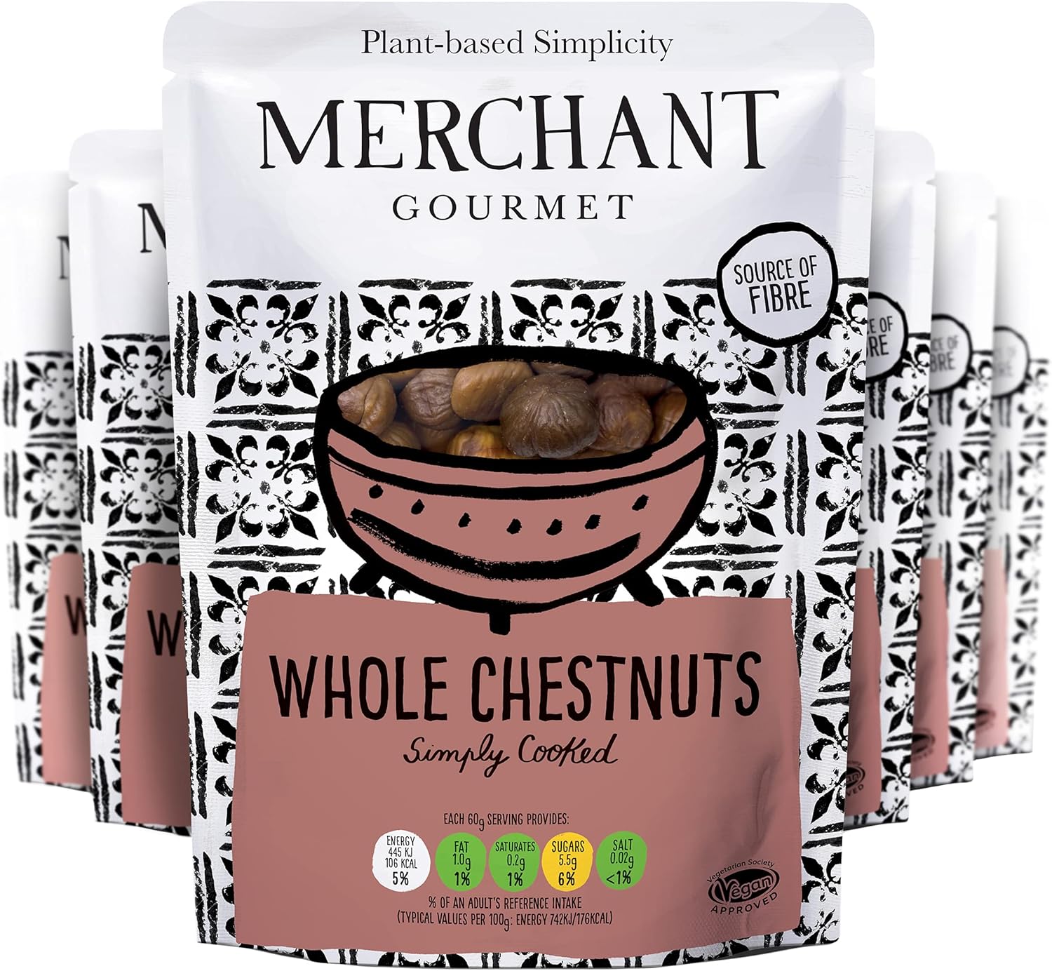 Merchant Gourmet Whole Cooked Chestnuts - Naturally Sweet, Nutty Flavour, Source of Fibre, Low Fat & Vegan - Ideal for Snacking & Baking - Pack of 6 x 180g Ready-to-eat Pouches