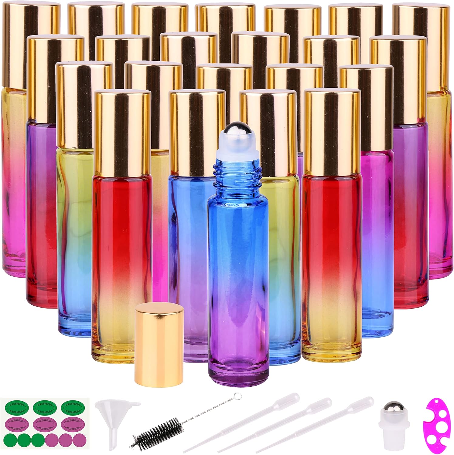 inice 24 10ml Essential Oils Roller Bottles Gradient Color Thick Glass Roll on Bottle Golden Metal Cap for Travel