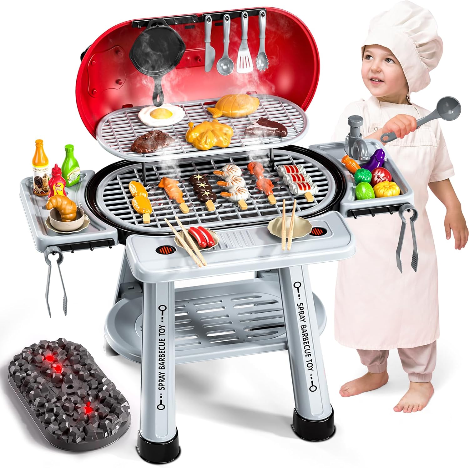 BLmukce Play Kitchen Sets for Toddlers 1-3 Kids 2-Layer BBQ Grill Playset with Smoke, Sound & Light Interactive Outdoor Kitchen Grill Toys with Play Food Christmas Birthday Gift for 3 4 5 6 Years Old
