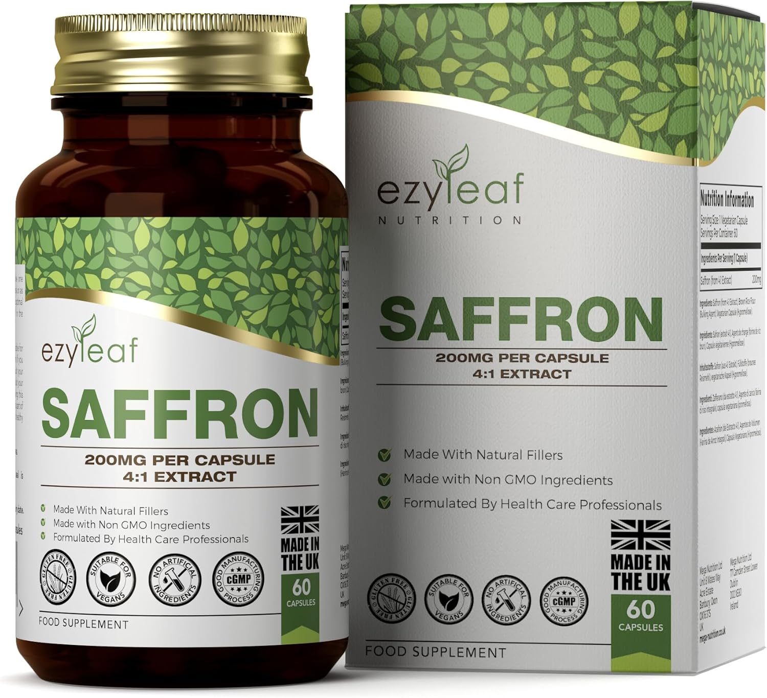 EZ Saffron Extract Supplement | 60 High Strength Saffron Capsules - 200mg (from 4:1 Extract) Safron Herb Extract per Serving | Non-GMO, Gluten & Allergen Free | Manufactured in The UK