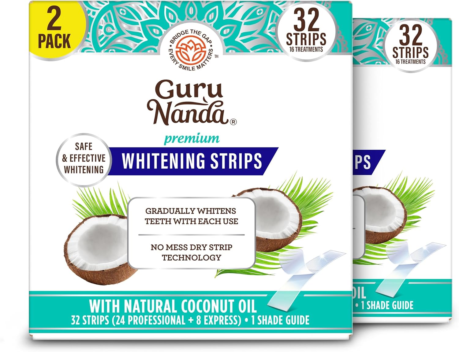 GuruNanda Teeth Whitening Strips - 16-Day Treatment with Non-Slip, Dry Strip Technology - Whitening Designed with Care for a Brighter Smile (Pack of 2)