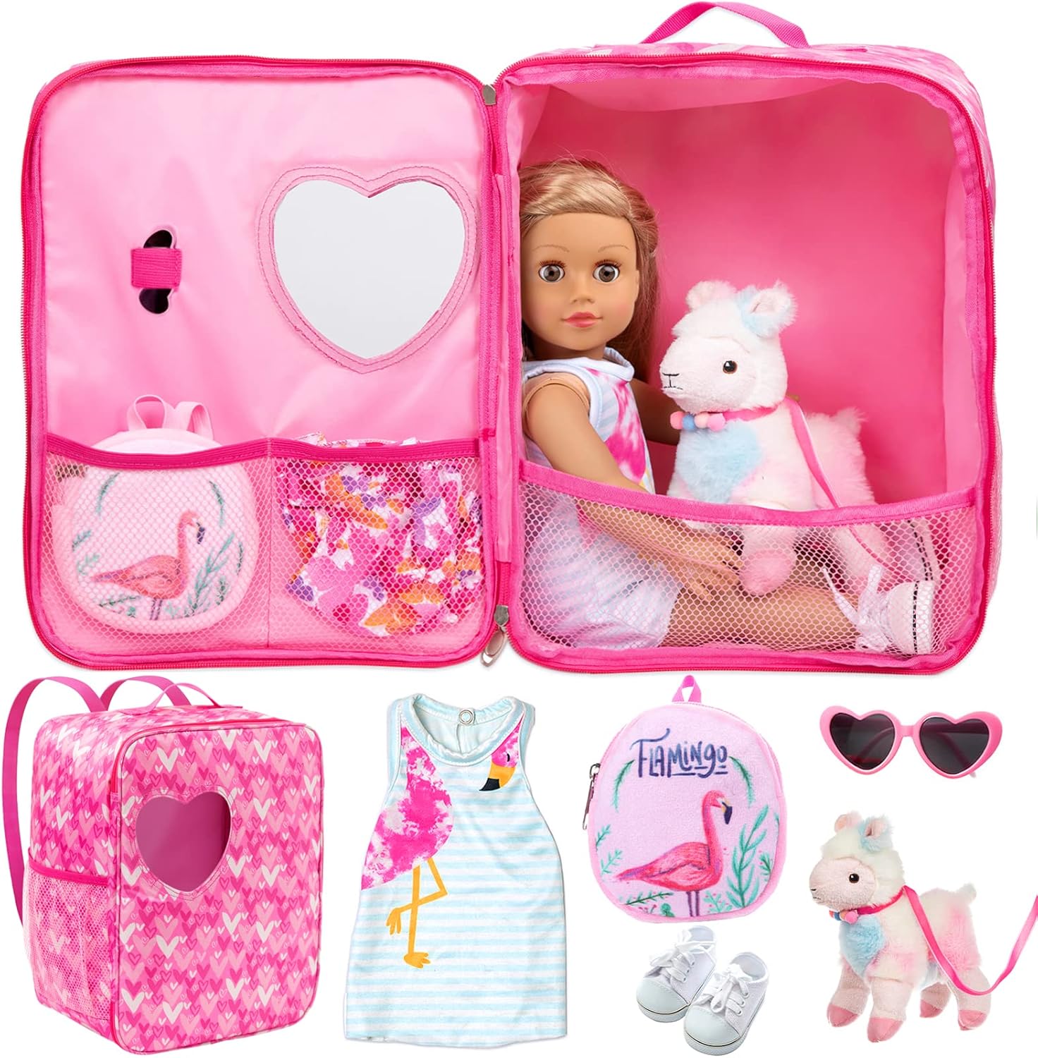 Ecore Fun 18 Inch Girl Doll Carrier Bag with Clothes and Accessories, Including Dress, White Cloth Shoes, Doll Backpack, Sunglasses, Toy Lamb