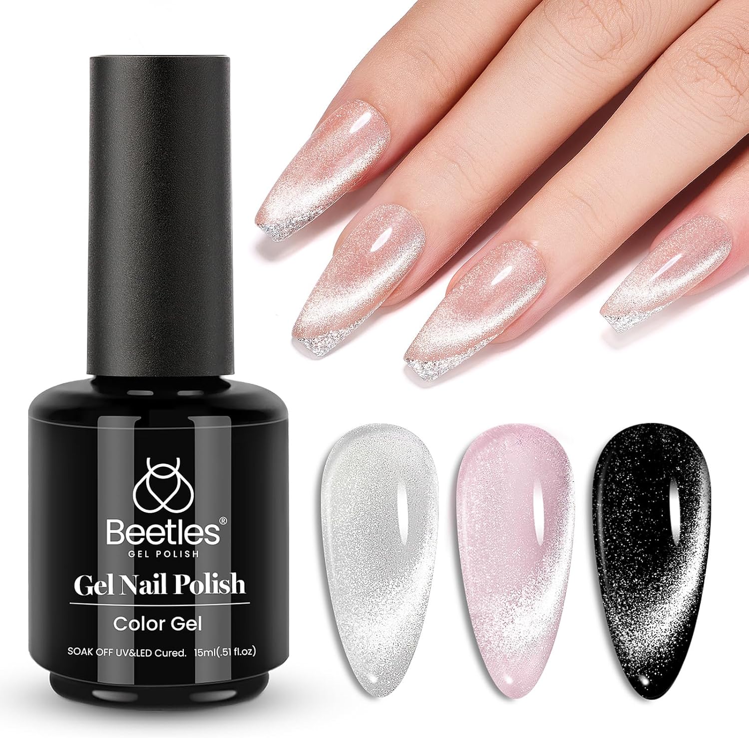 Beetles Cat Eye Gel Nail Polish 15ml Gel Polish Soak Off UV LED Nail Lamp 1 Color Silver Shimmer Velvet Gel Nail Polish Nail Art Manicure Salon DIY Gift for Girls-CL823-RE