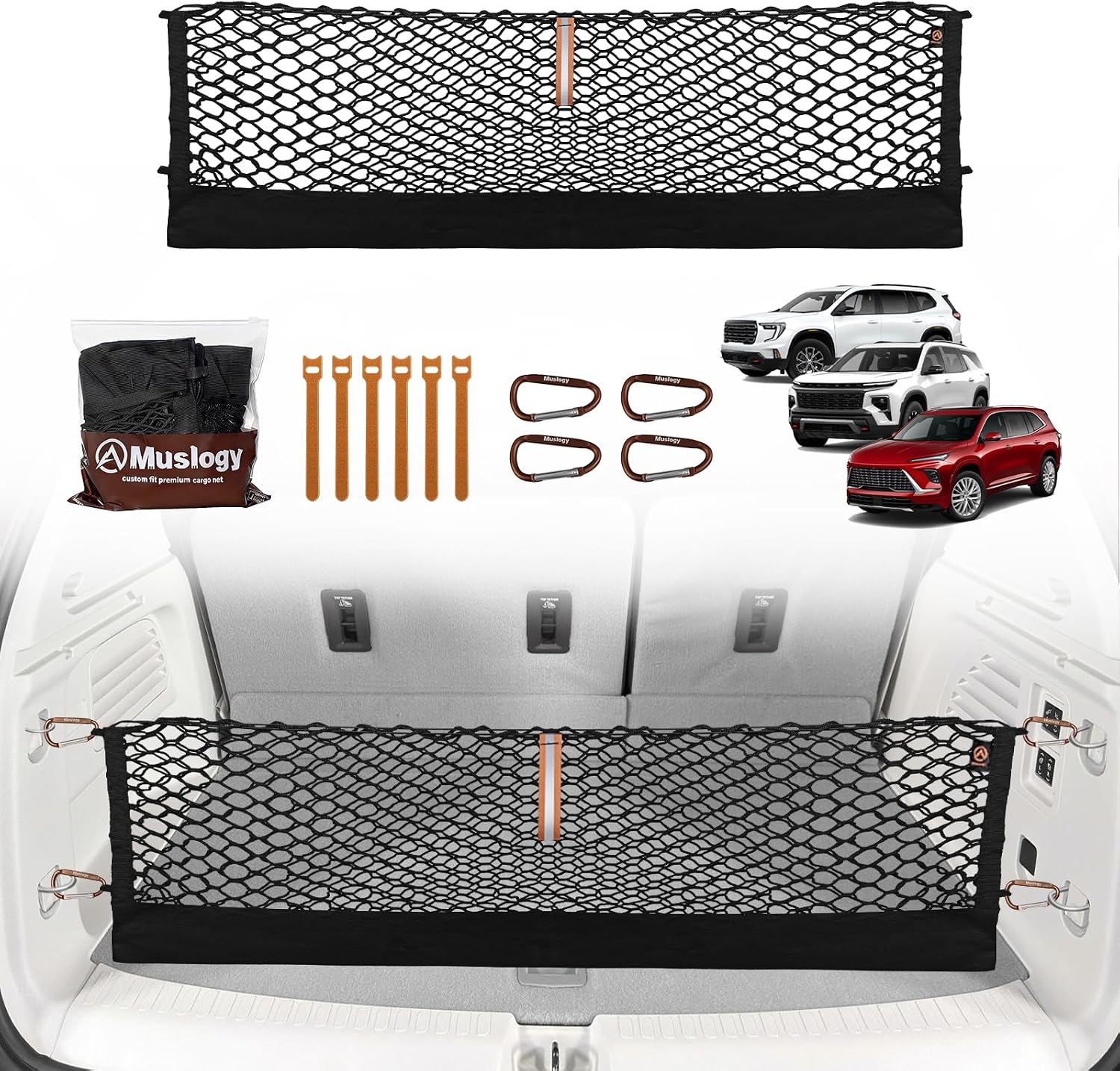 Muslogy Truck Bed Cargo Net Trunk Netting Compatible with 2024-2026 GMC Acadia | Chevy Traverse | 2025+ Buick Enclave Accessories, Pickup Cargo Organizer SUV Sedan Storage Net w/Heavy Duty Carabiners