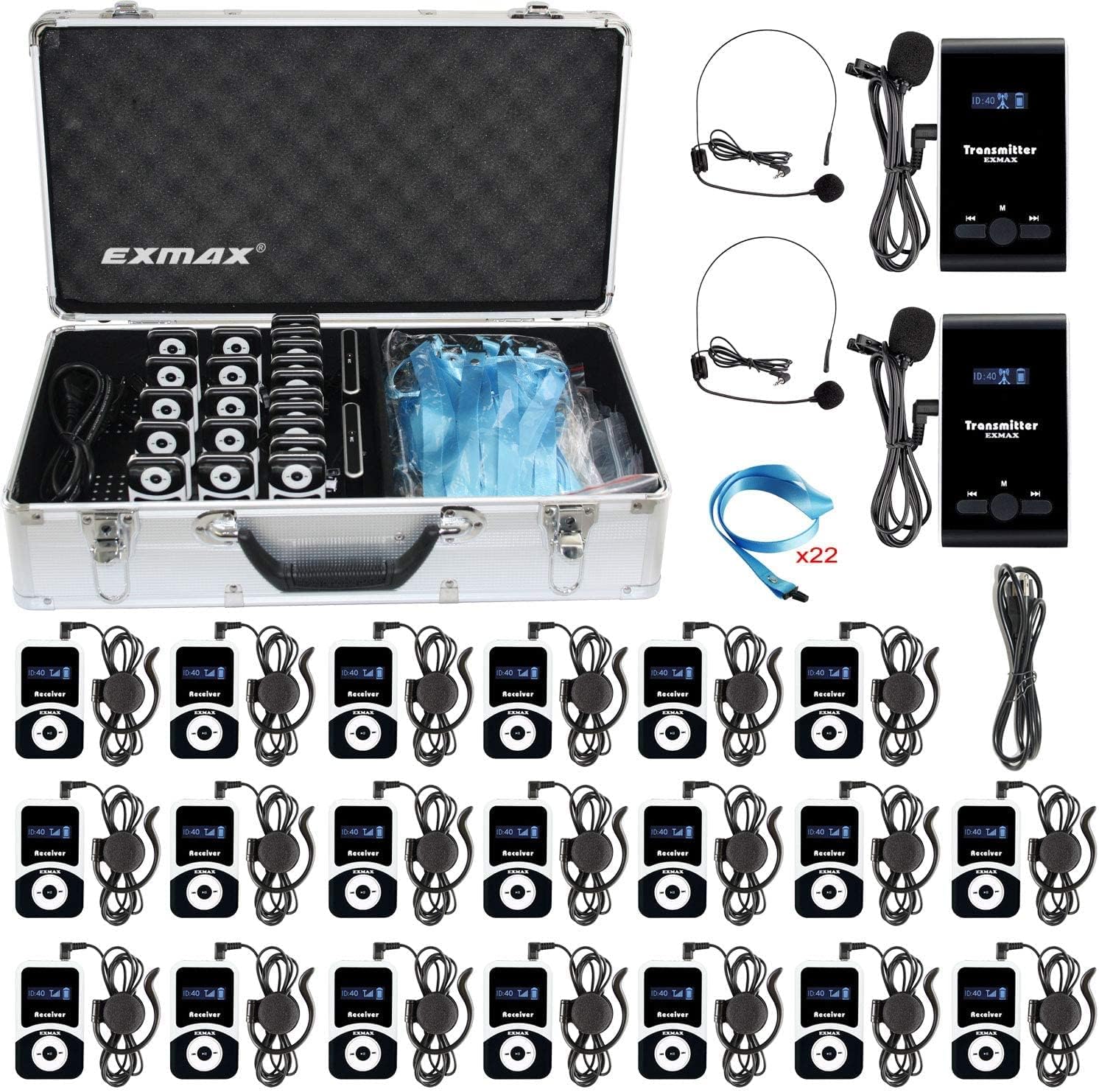 EXMAX Wireless Tour Guide System Whisper Voice Audio Transmission ATG-100T 195MHz for Silent Meeting Court Church Translation Command Training (2 Transmitters & 20 Receivers +Aluminium Charge Case)