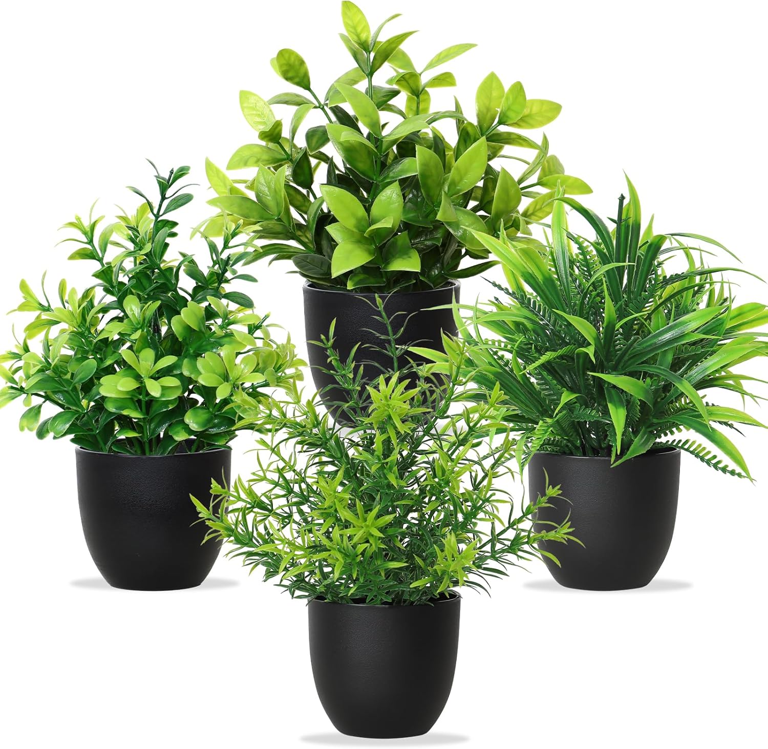 Artificial Potted Plants Mini 4PCS Small Fake Plants Greenery Indoor Decor Eucalyptus Plant Faux Plastic Plants for Office Home Bedroom Living Room Bathroom Desk (4, Black pot)