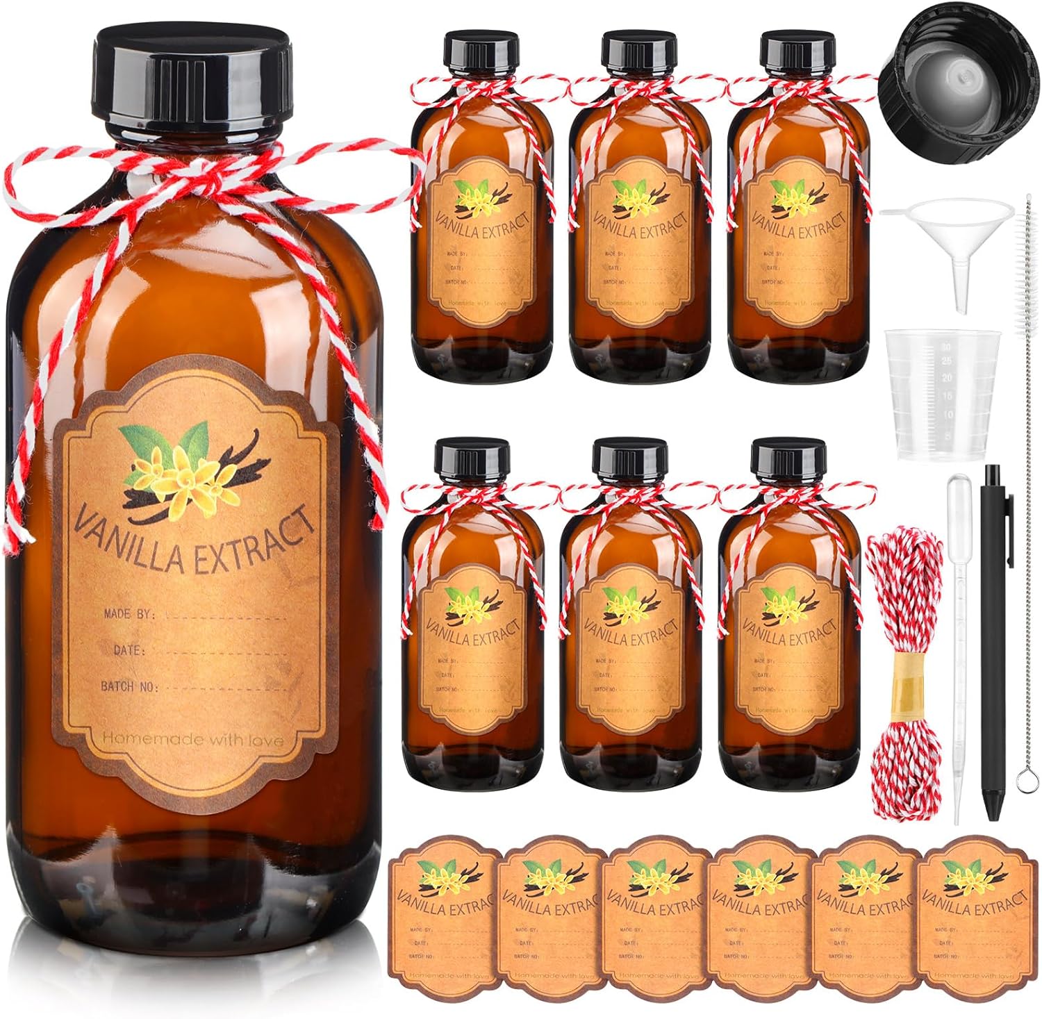 6 Pack Vanilla Extract Bottles 4 oz Homemade Glass Bottles for Vanilla Extract Amber Glass Jars for Syrup,Food,Sauce,Beans,Vanilla Extract Christmas Gift