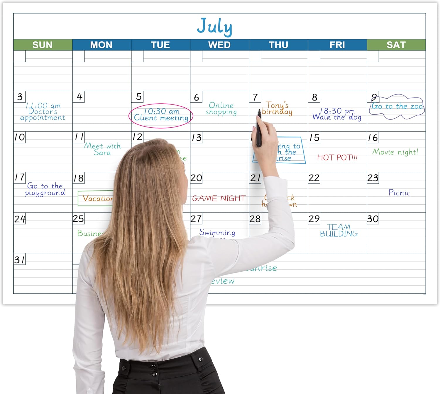 Large Dry Erase Calendar - Undated 1 Month Dry Erase Calendar for Wall, 40" x 28", Erasable & Reusable Laminated Dry Erase Wall Calendar with 10 Round Stickers, Large Space for Office