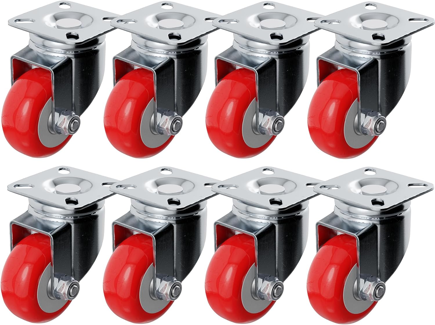 8 Pack No Brake Caster Wheels Swivel Plate Casters On Red Polyurethane Wheels