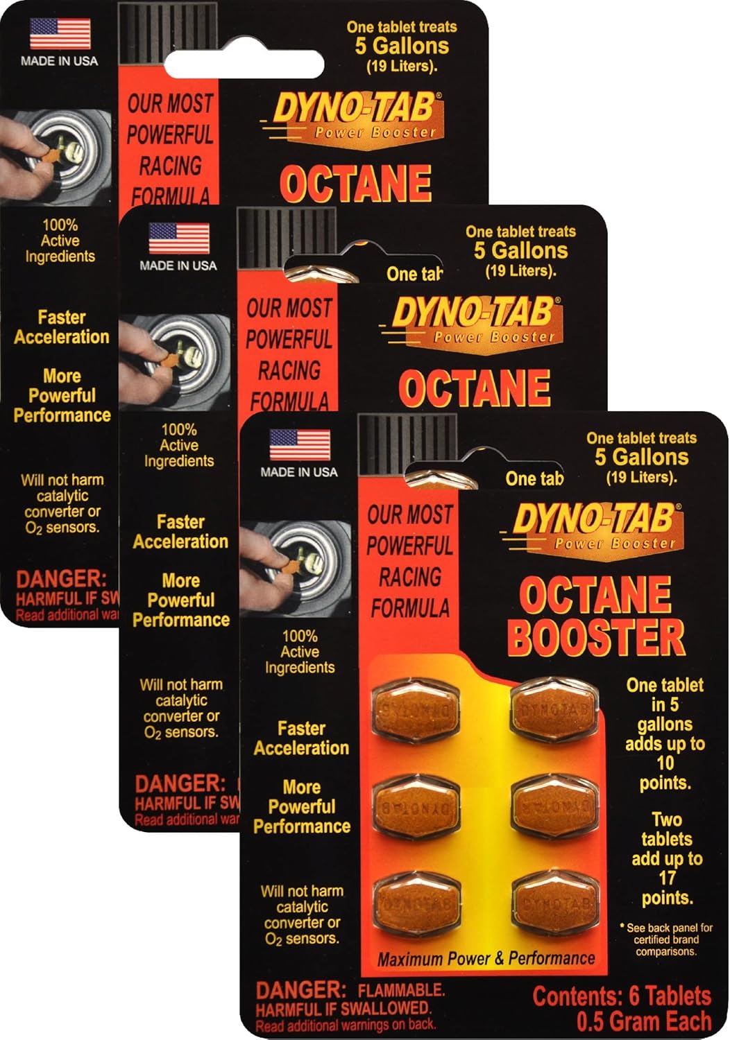 Dyno-tab Octane Booster 6-Tab Card, 3-Pack, Each Pack Adds Up to 17 Points, Lab Tested, Fast-Dissolving, 100% Active Ingredients - NO Solvents, Treats 16 gal/60 Liters, 45456-3pk