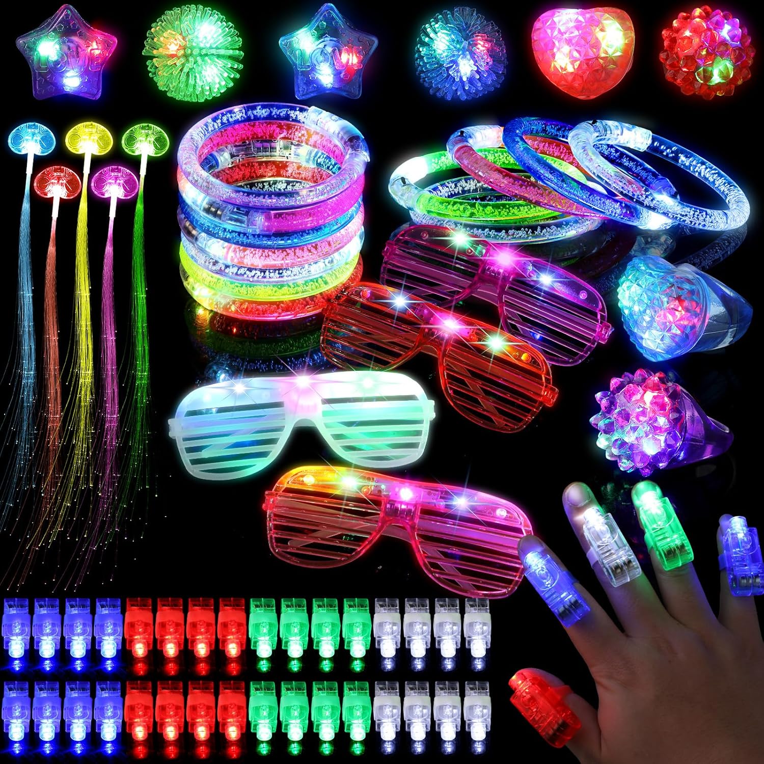 64PCS LED Light Up Toys Party Pack - Glow in The Dark Party Accessories Supplies with Finger Lights(40), LED Jelly Rings(8), Flashing Glasses(4), Bracelets (8) & Fiber Optic Hair Lights(4)