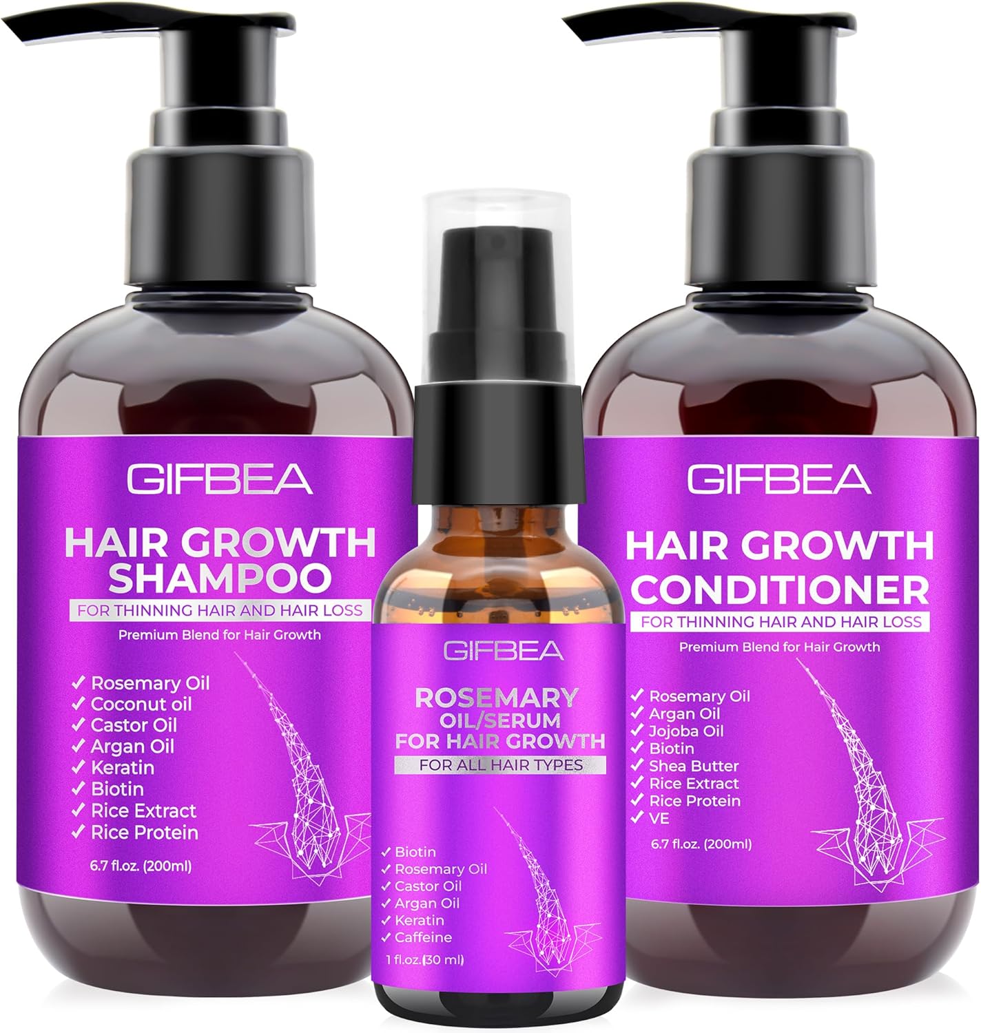 GIFBEA Hair Growth Shampoo and Conditioner Set with Rosemary Oil Serum, Biotin, Argan, Castor, Coconut, Keratin, Rice Water - Hair Loss Treatment, Thickening for Women and Men