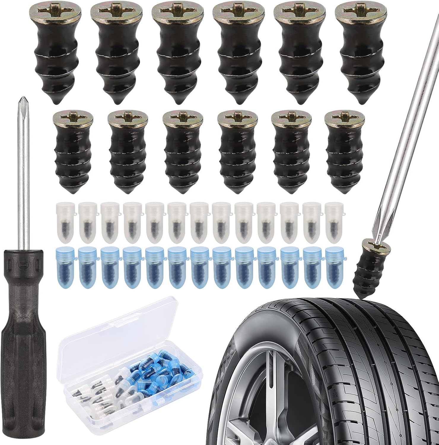 Zocipro 30Pcs Tyre Repair Kit Rubber Nails, Car Puncture Repair Kit with Screwdriver, Universal Tire Repair Fast Repair Nail for Auto Car Motorcycle (15 S+15 L)