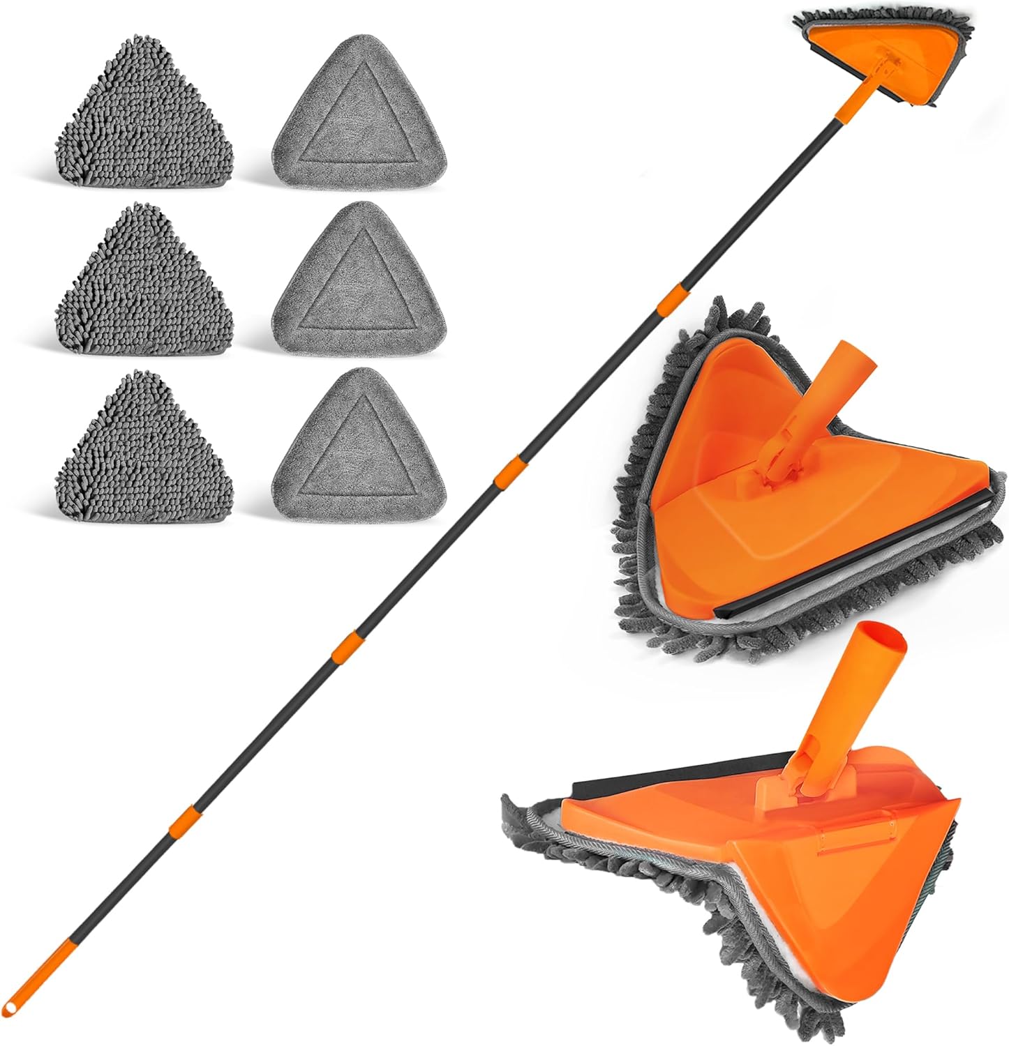 JEHONN Wall Mop with Long Handle 202 cm, Upgraded 180° Collapsible Baseboard Cleaner Tool with Squeegee, Ceiling Duster with 3 Microfiber and 3 Chenille Pads for Cleaning Window, Cabinet (Orange)