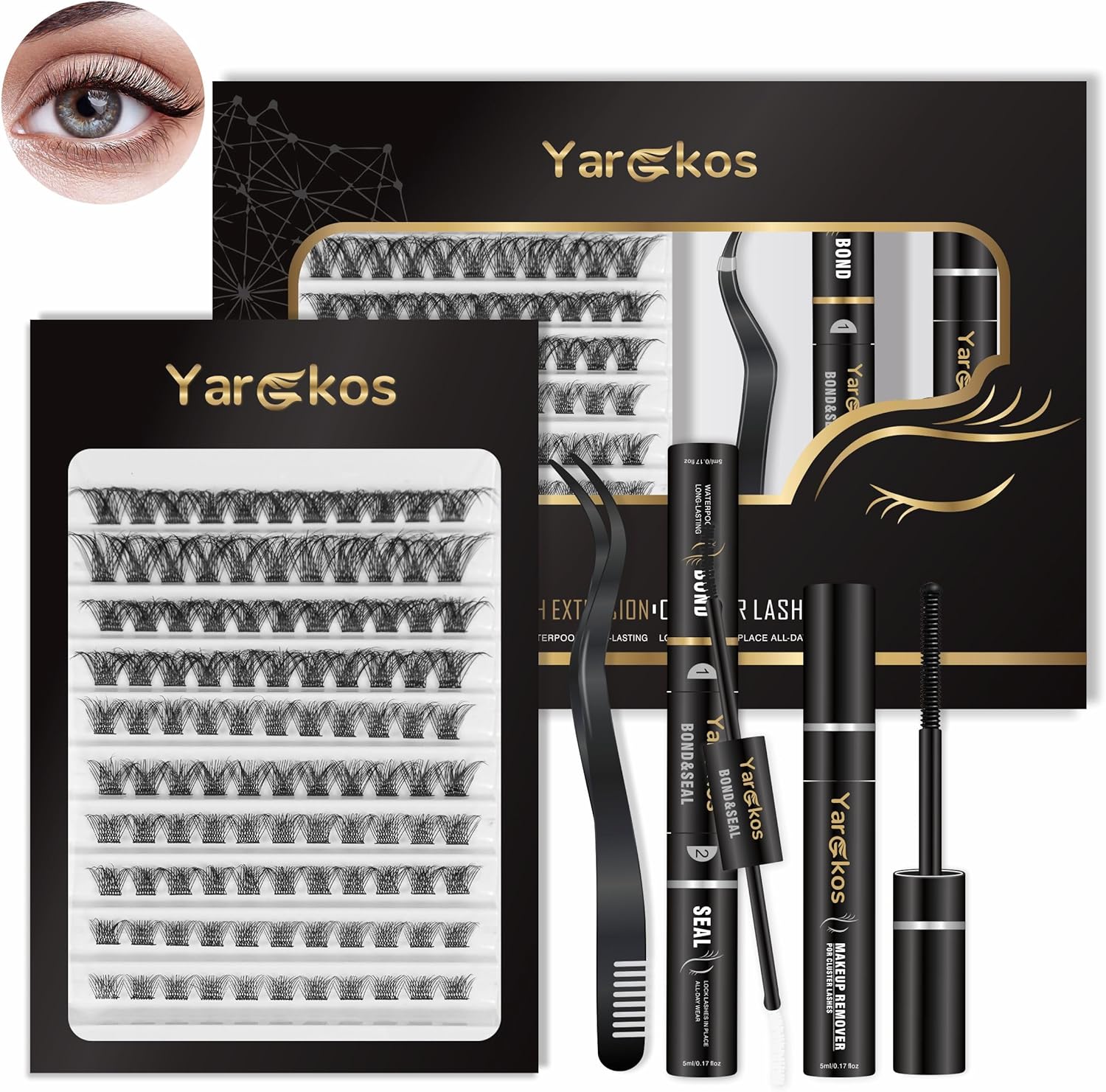 4-in-1 Lash Extension Kit, 110Pcs 8-16MM D Mix Curl False Lashes Clusters, Bond and Seal Glue, Makeup Remover, Tweezers, Individual Eyelash Extensions Set, Natural Look DIY at Home, Black-A1