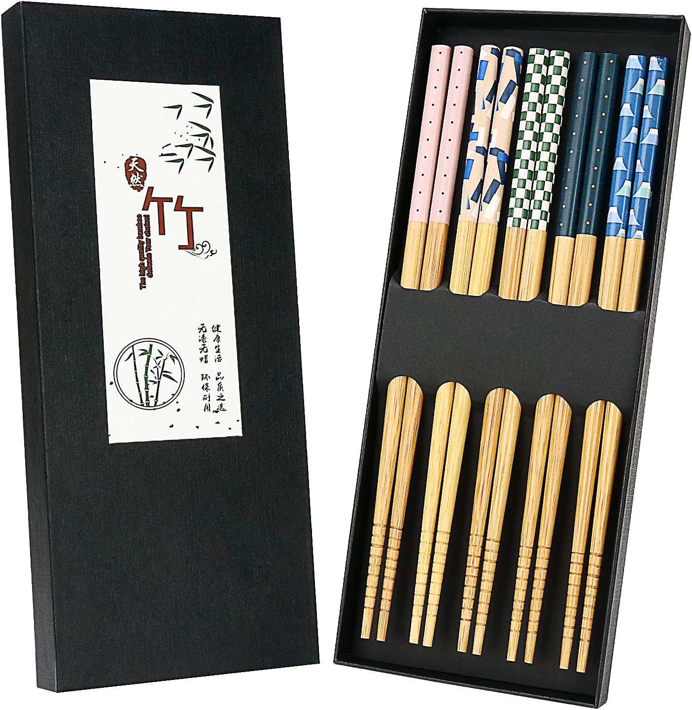 5 Pairs Japanese Natural Bamboo Chopsticks with Unique Pattern Dishwasher Safe, Reusable Non-Slip Chopstick Gift Set for Asian Dishes Sushi Rice Noodles, Nicely Boxed Chinese Chop Sticks