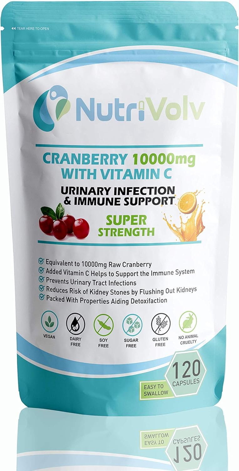 Nutrivolv Cranberry 10000mg & Vitamin C | Supports Urinary Health, Cystitis Treatment & Bladder Health | High Strength Cranberry Extract with Vitamin C for Immune Support | 120 Capsules