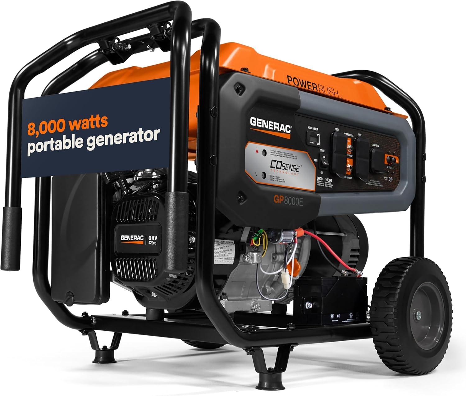 Generac 10,000/8,000-Watt Portable Gas Generator - Electric Start - Home Backup or RV Ready - Heavy Duty Frame - Quiet, Long Runtime, Emergency Power - 49-State Compliant