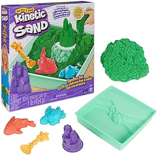Kinetic Sand Sandbox Set, 1lb Green Play Sand, Sandbox Storage, 4 Molds and Tools, Sensory Toys, Christmas Gifts for Kids Ages 3+
