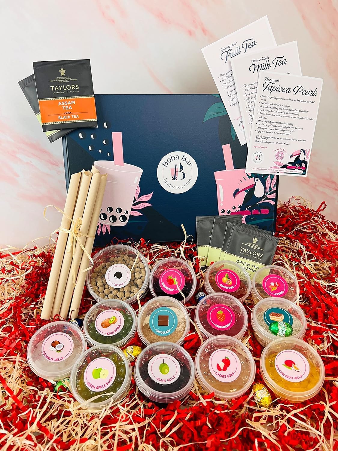 Mixed Bubble Tea Kit (Easter Special) | 6 Mixed Tea Flavours, 6 - Popping Boba & Jelly Toppings, Tapioca pearls bubble tea (Serves 6) | Green tea and Assam bags by Boba Bar London.