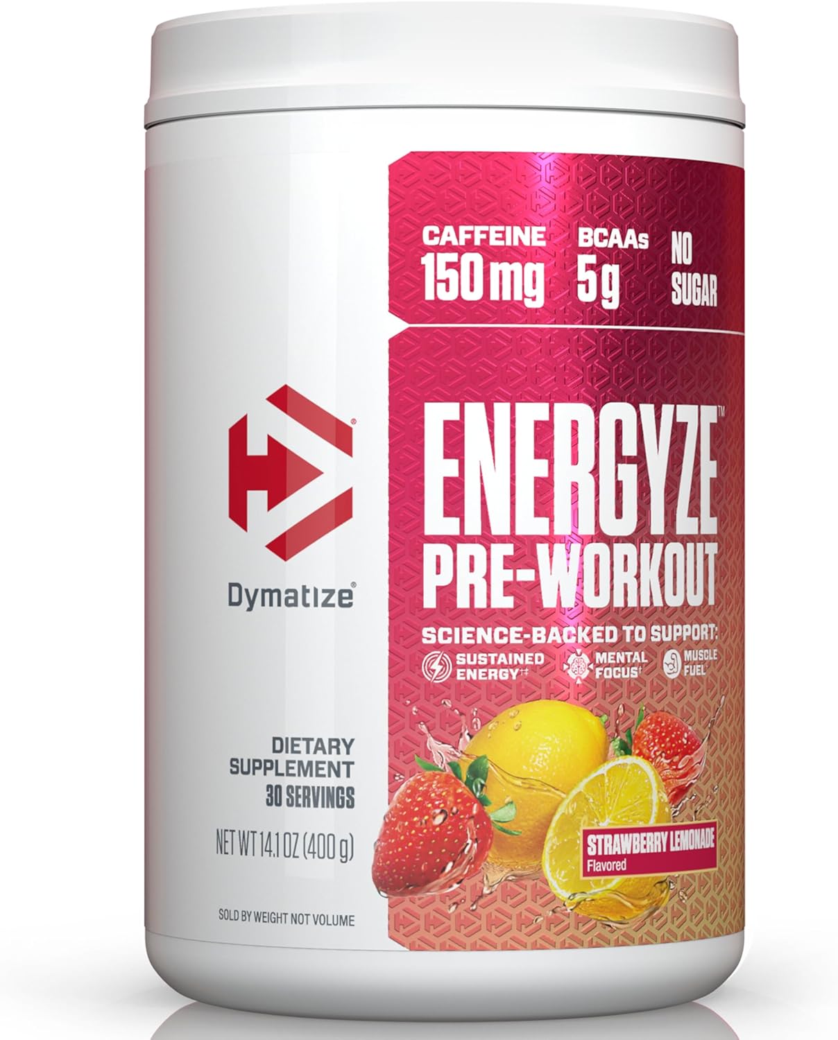 Dymatize Energyze Pre Workout Powder for Men and Women, Strawberry Lemonade Flavor, 150mg Caffeine, 5g BCAAs, Performance Blend of L-Theanine, L-Tyrosine, L-Citrulline, No Sugar, 30 Servings