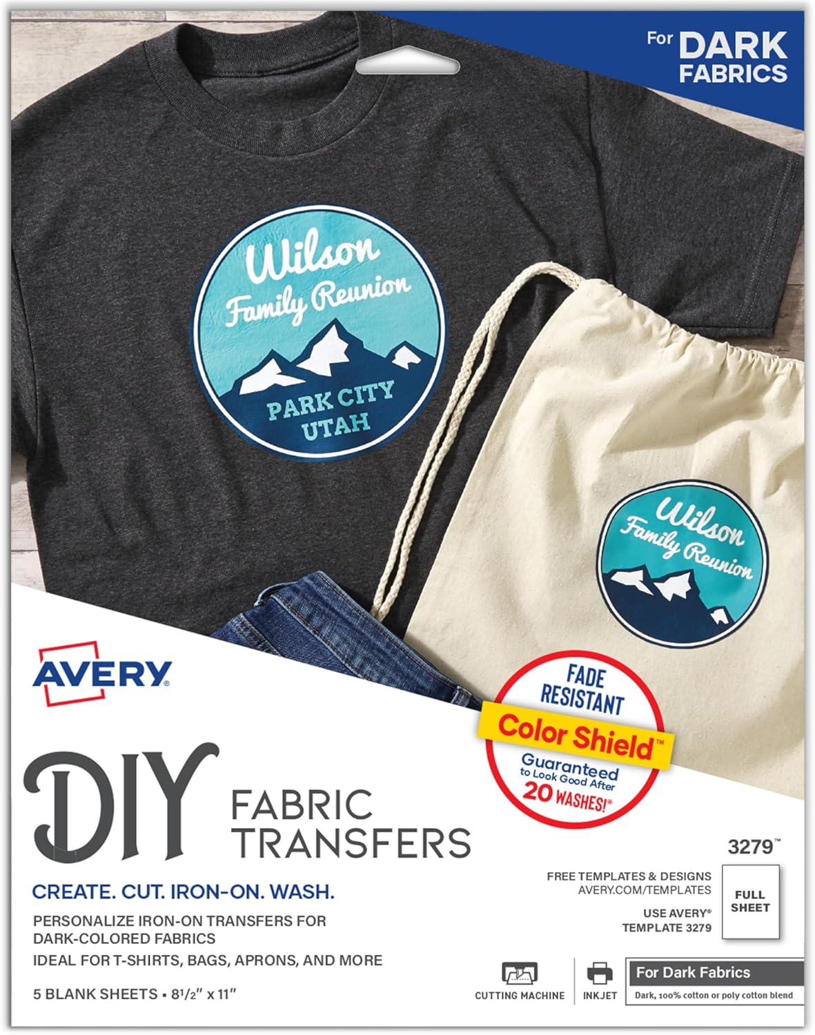 Avery Printable Heat Transfer Paper for Dark Fabrics, 8.5" x 11", Inkjet Printer Compatible, 5 Sheets of Iron On Transfer Paper, Great for Custom Shirts, Uniforms, Gifts, and More (3279)