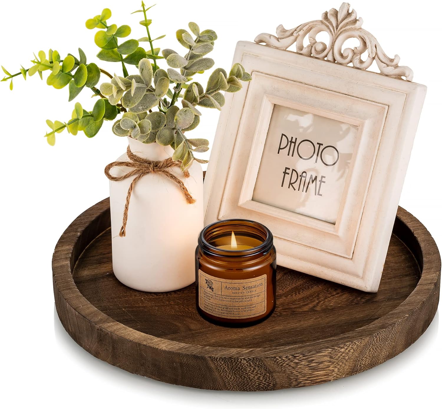 Hanobe Round Wood Tray Candle: Rustic Decorative Candle Holder Wooden Whitewash Pillar Stand Farmhouse Tea Light Plate Base for Living Room Coffee Table Centerpiece for Kitchen Counter Decor